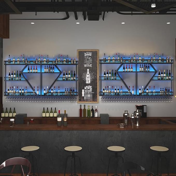 95in Large Wall Mounted Wine Rack 4 Tier Metal Wine Bottle Holder Modern Diamond Design Floating Bar Liquor Bottles Storage Rack for Home Restaurant Bar Decorative (Black, 4 Tier - 95in)