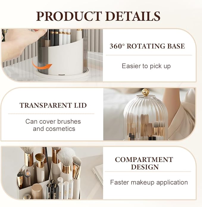 Covered 360° Rotating Makeup Brush Holder, Makeup Organizers with Lid, Clear Cover Brush Holder with Transparent Door Lid for Desktop, No Dust Toothbrush Holders for Vanity and Bath (Clear white)