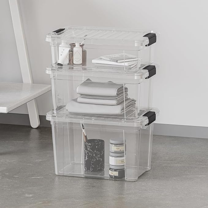 Superio Clear Storage Boxes with Lids, 49 Quart Plastic Container Bins for Organizing, Stackable Crates, BPA Free, Non Toxic, Odor Free, Organizers for Home, Office and Dorm, 6 Pack