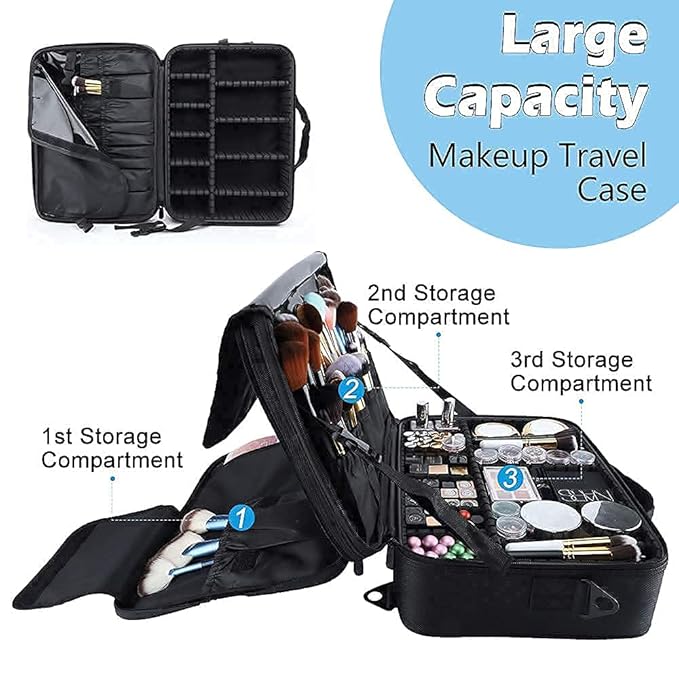 gzcz Travel Makeup Bag,Professional Cosmetic Bags for Women,Portable Makeup Brush Case Organizer Storage with Adjustable Dividers and Shoulder Strap (Medium)