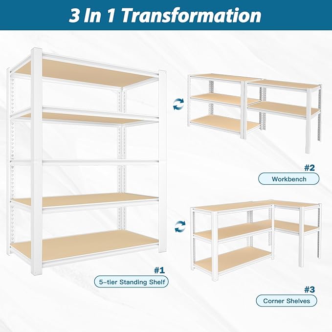 PrimeZone 28" W x 12" D x 59" H Closet Storage Shelves - 5 Tier White Metal Connector Shelving, Adjustable Heavy Duty Garage Shelves, Utility Rack Organizer Shelf for Kitchen Pantry Closet Garage