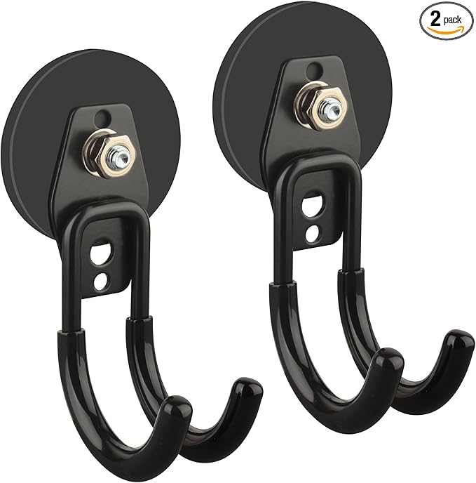 ULIBERMAGNET Garage Strong Magnetic Hooks, 2 Pack Black Heavy Duty Large J Hooks with Magnet, Anti-Slip Coating Magnet Hooks for Garden Tools, Ropes,Drill
