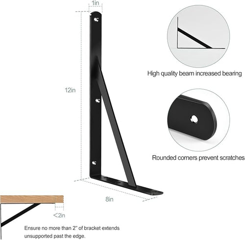 12 Pack L12 x H 8" Black Heavy Duty Shelf Brackets with Screws Metal Shelf Brackets Shelf Support Angle Brackets for Shelves L Brackets Heavy Duty Floating Shelf DIY