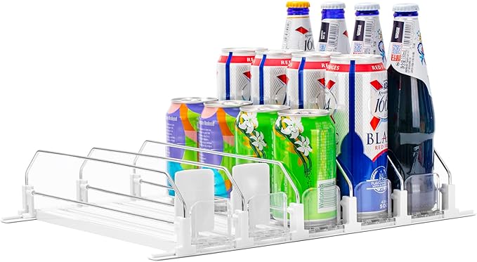 RULA Drink Organizer for Fridge, Self-Pushing Soda Can Dispenser for Mini Refrigerator, Width Adjustable Water Bottle Pusher Glide, White, 5 Rows,12.2” D