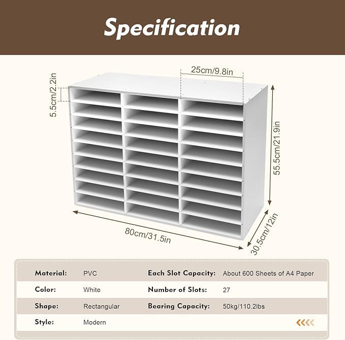 27 Compartments Literature Organizer, Desktop File Sorter Mail Center Paper Storage Cabinet Classroom Mailbox for Files Documents Papers Magazines(White) (White 27Slots)