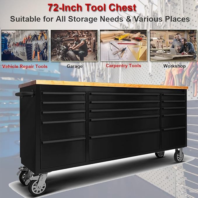 72" Rolling Tool Chest with 15 Drawers, Lockable Storage Cabinet, Black Mobile Workbench, Assembled Black Large Tool Box with Wheels for Garage Workshop (1 × HTC7215PC-1)