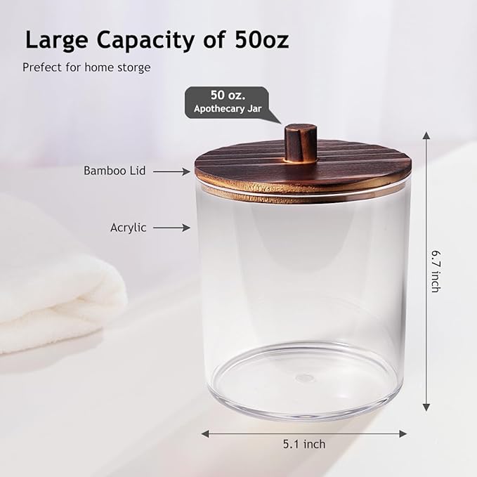 SheeChung 3 Pack 50 Oz Large Apothecary Jar with Wood Lid, Laundry Pods Container, Storage Jars for Bathroom Organization, Plastic Canisters with Cute Stickers Spoons(Dark Brown)