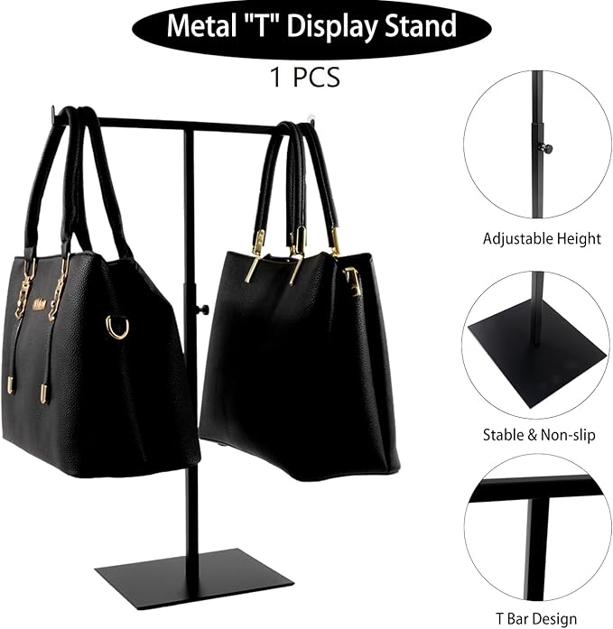 Purse Display Stand Jewelry Towers - 2 Pack Purse Stand Handbag Bag Display Black Tabletop Stainless Steel Hook Hanging Jewelry Stands for Necklaces Organizer Adjustable Height Home Store Boutique