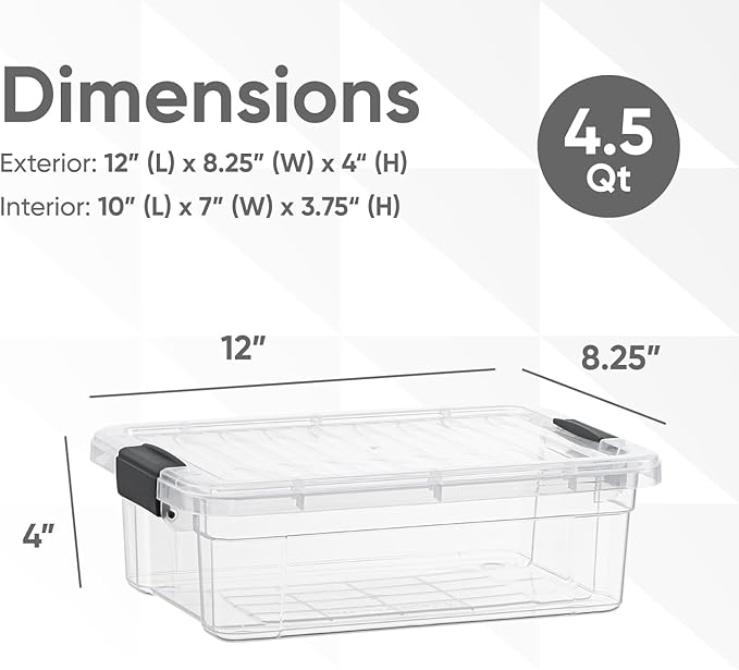 Superio Storage Bins with Lids- 8 Pack, 4.5 Qt Clear Boxes for Organizing, Stackable Plastic Containers- BPA Free, Non-Toxic, Odor Free, Organizer for Home, Office, Dorm