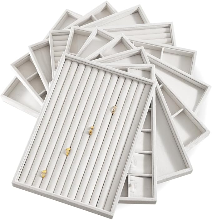 Velvet Ring Display Tray, Stackable Muilt Slot Rings Ear Stud Storage Tray, Drawer Insert Jewelry Accessories Organizers Plate (White)