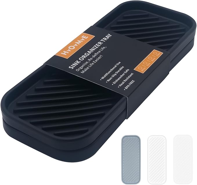 Silicone Organizer Tray, Soap and Sponge Holder for Kitchen Sink, Bathroom - Storage Tray for Dish Brush, Soap Dispenser, Dishwashing Accessories- 2 Pack (Black)
