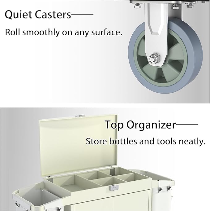 Heavy Duty Metal Housekeeping Janitorial Cart,Silent Casters,Locking Large Capacity Cabinets,Cleaning cart for Housekeeping/Commercial Facility/Hotel/Stadium/School(White)