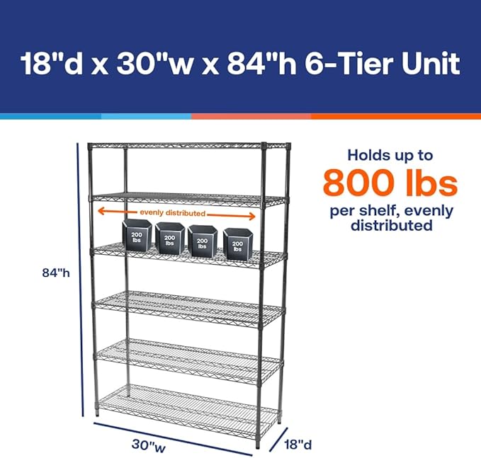 Shelving Inc. 18" d x 30" w x 84" h Chrome Wire Shelving with 6 Tier Shelves, Weight Capacity 800lbs Per Shelf