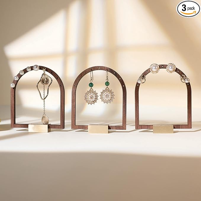 GemeShou 3pcs Wooden stud earring organizer holder, walnut earring hangers with brass base, Small Cute earring display for selling with 9 holes for each【Arch frame-3pcs】