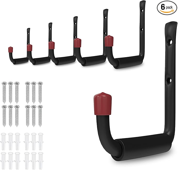 6 Pack Garage Hooks Heavy Duty with EVA Pads and Rubber End Caps, 5.98inch Steel Kayak Storage Hooks for Hanging Bikes, Ladders, Folding Chairs and Garden Tools
