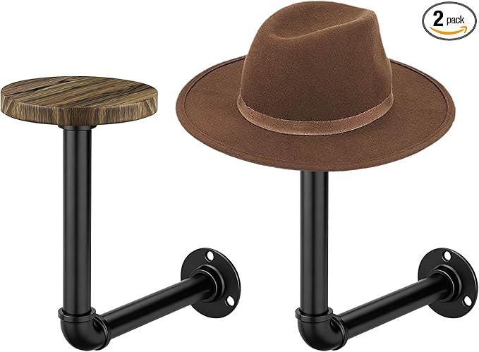 2PCS Cowboy Hat Rack Wall Mount, Wooden Western Rustic Metal Hanger, Wall Mounted Helmet Hanger for Multifunctional Display Hanger Stand for Cap Wig Hats, Fedora, Sun Hats