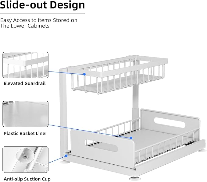 2-Tier Under Sink Slide Out Organizer, Pull Out Cabinet Storage Shelf with Sliding Wire Basket Drawer for Bathroom Kitchen, Countertop or Pantry Shelf, White
