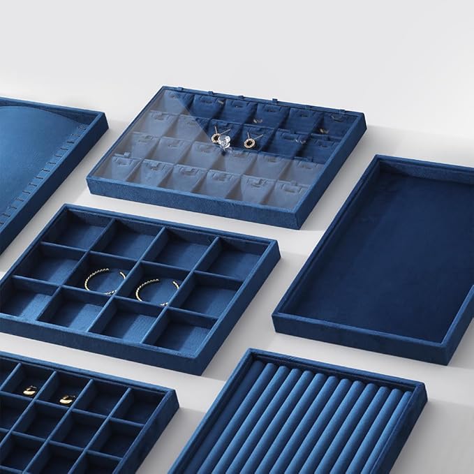 Velvet Stackable Jewelry Display Tray, 24 Grid Earring Ring Storage Tray, Drawer Divider Jewelry Accessories Organizer Plate (Blue)