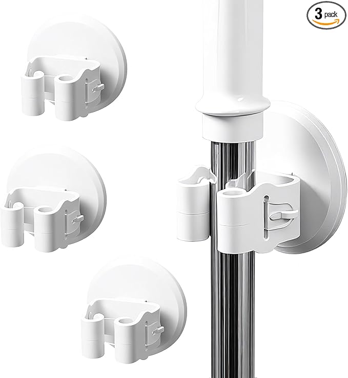 Broom and Mop Holder Wall Mount - 3 Pack Self Adhesive Mop and Broom Organizer - No Drill Heavy Duty Gripper Hooks for Kitchen Bathroom Garage Storage - Space Saving, Waterproof, White