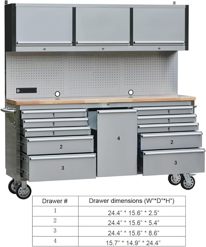 72" Stainless Steel Rolling Tool Chest with 11 Drawers + 3 Upper Cabinets, Large Lockable Storage Cabinet, Mobile Workbench with Wheels for Garage Workshop (1 × HTC7214W1)