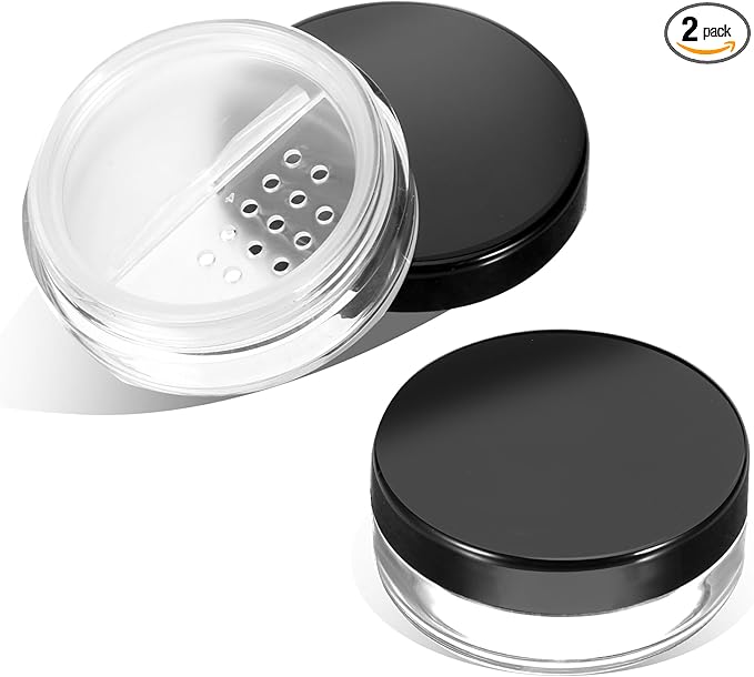 2pcs 10ml/0.34oz Plastic Empty Travel Small Loose Powder Compact Refillable Loose Powder Containers Reusable No Leak Compact with Rotatable Sifter and Black Screw Lid