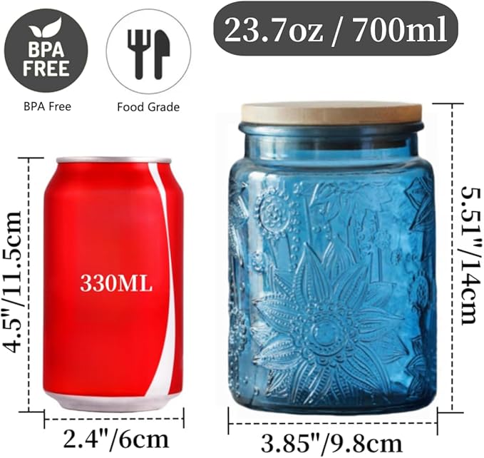 ANSQU Blue Glass Jar, 23.7 FL OZ Vintage Glass Canister with Airtight Lid, Candy Jar/Sugar Container for Kitchen Pantry Coffee, Tea, Cookie, Decorative Jars Holds Bath Salt
