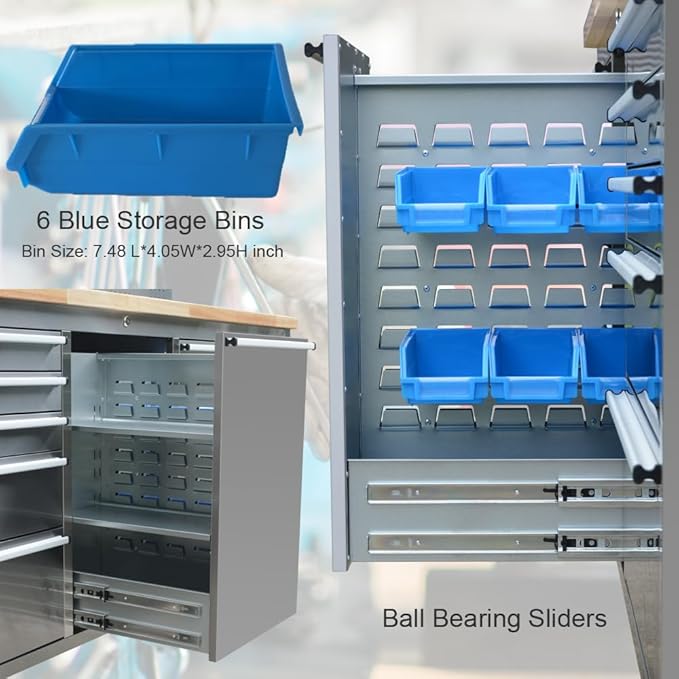 72 inch 11 Drawers Tool Chest with 3 Up Cabinet & Pegboard in Stainless Steel, Large Lockable Mobile Workbench with 6 Blue Storage Bins, Tool Box for Garage, Workshop (2 × HTC7214W1)