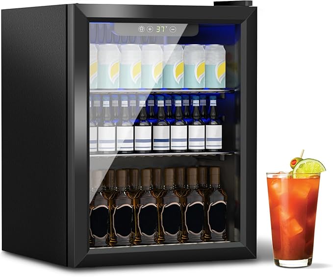 1.6 Cu.Ft Mini Fridge for 70 Cans, Small Beverage Refrigerator with Glass Door, Adjustable Shelves & Digital Display, Compact Drink Fridge for Bedroom, Office, Dorm, Bar, Under Counter Use
