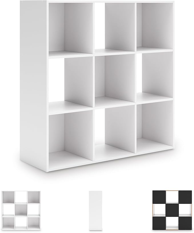 Signature Design by Ashley Onita Modern 3-Tier Floor Standing 9 Cube Organizer for Living Room, Wood, Works with 10.5" W x 10.5" D x 11" H Storage Bin (Sold Separately), White