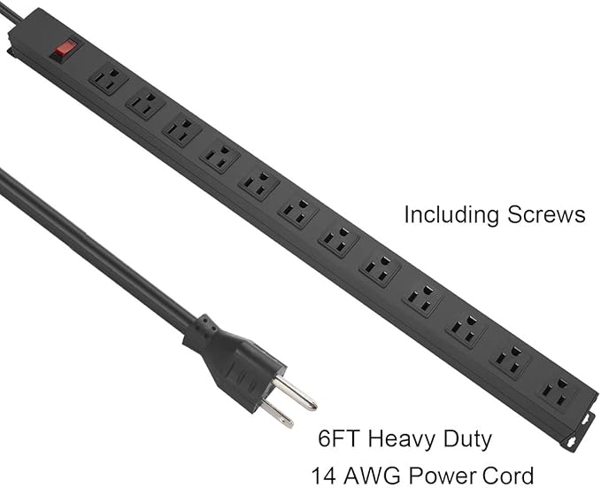 Metal Wall Mount Power Strip, Mountable Power Outlet with 12 AC Outlets, Aluminum Alloy Mount Power Socket with Switch, 6 FT SJT 3/C 14AWG Power Cord, 15A 125V 1875W (12AC) Black