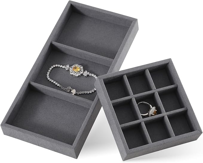 Dark Blue Jewelry Display Tray Ring Necklace Earring Bangle Organizer Multifunctional Storage Case for Jewelry Showcase (Long 3 Grids Tray)
