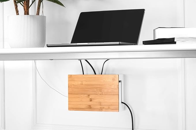 Bamboo Cable Management Box with Magnetic Lid & Ties - Elegant, Durable Cable Organizer to Hide Cords & Power Strip - Wall Mountable Box Hider for Home, Office, Desk & More (White)