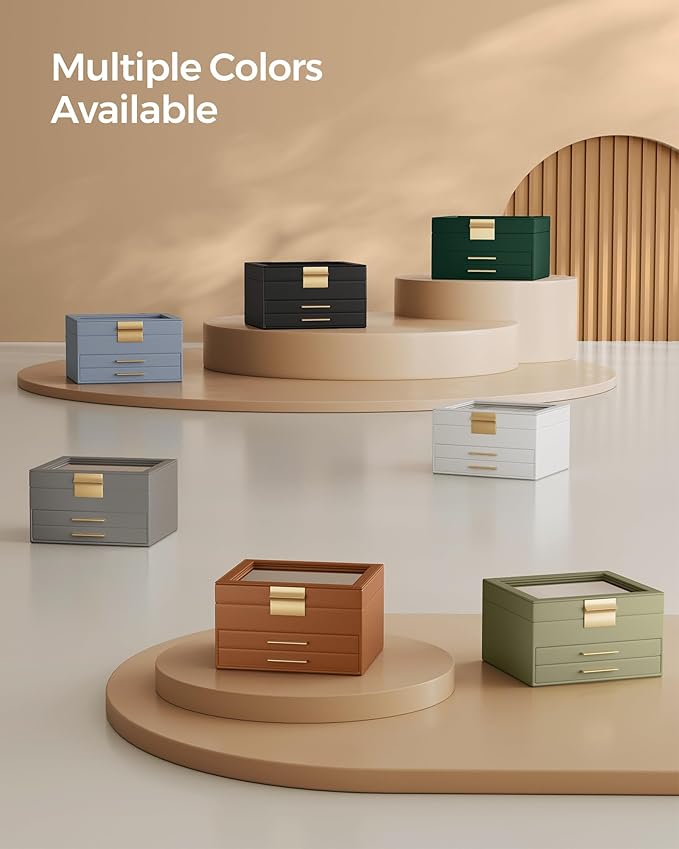 SONGMICS Jewelry Box Organizer with Glass Lid, 3-Layer Jewelry Storage, with 2 Drawers, Modern Style, Christmas Gift, 8 x 9.1 x 5.3 Inches, Smoky Blue and Gold Color UJBC239Q01