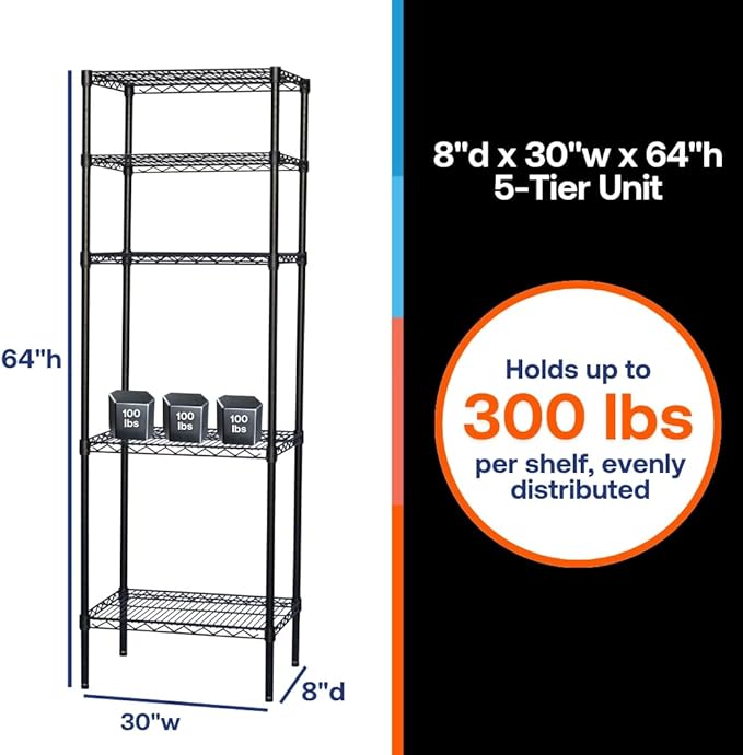 Shelving Inc. 8" d x 30" w x 64" h Black Wire Shelving with 5 Tier Shelves, Weight Capacity 300lbs Per Shelf
