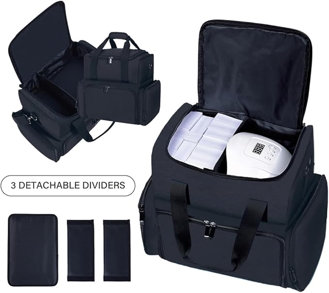 Large Makeup Cosmetic Bag with 3 Removable Case and 2 Removable Dividers Double Layer Travel Storage Organizer, Makeup Brushes Storage Section Black