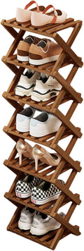 Comeon Bamboo Shoe Rack, Foldable Vertical Shoe Rack for Front Door Entrance Narrow Shoe Organizer Small Shoe Shelf for Entryway Shoe Storage Closet Multi-Tier (Brown Colors,7 Layers)