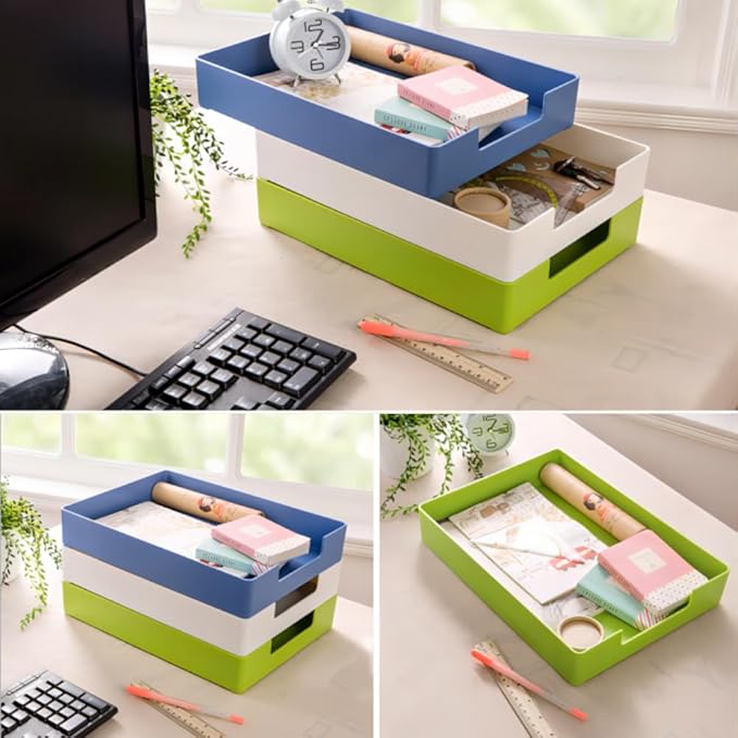 Letter-Size Tray, 2PCS A4 Plastic Stackable Paper Tray, Desk Drawer Organizer for Office, School, Home Storage, and Storage Containers for Christmas Ornaments, Gift Wrap, and Crafts (2x Blue)