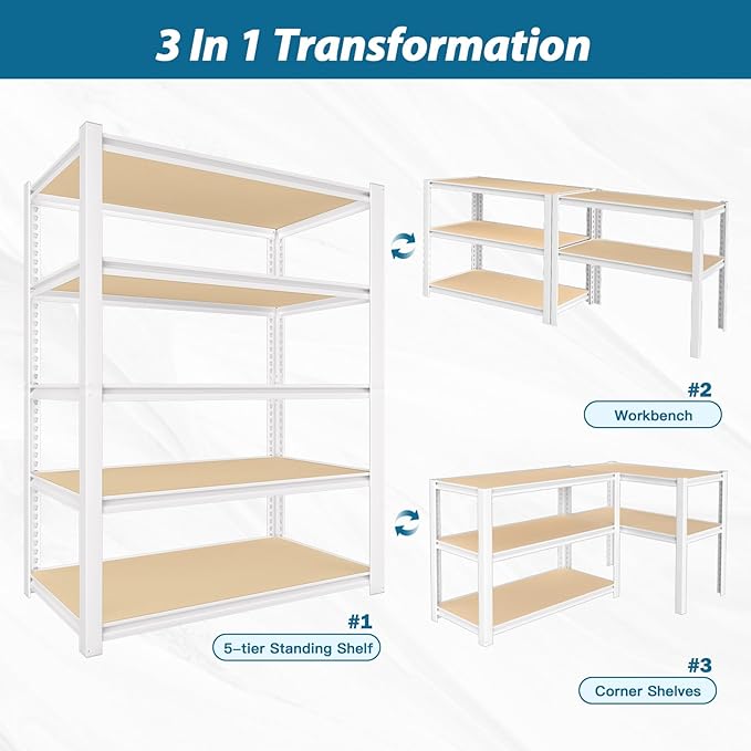PrimeZone 4 Packs 36" W x 16" D x 72" H Closet Storage Shelves - 5 Tier White Metal Connector Shelving, Adjustable Heavy Duty Garage Shelves, Utility Rack Organizer Shelf for Kitchen Pantry Garage