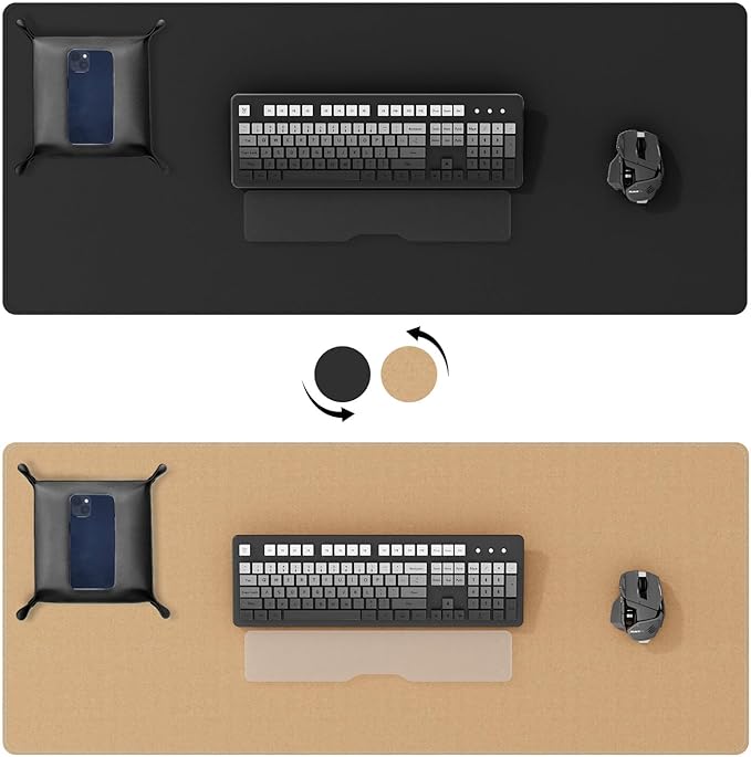 DAWNTREES Dual Sided Desk Mat,Leather Desk Pad,Black Cork Desk Mat Protector,with PU Leather Valet Tray Organizer,Large Mouse Pad,Desk Writing Pad for Office and Home(31.5"x15.8")