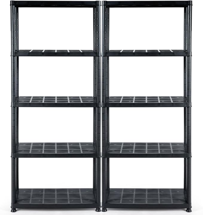 IRONMAX 5-Tier Plastic Shelving Unit, Multi-Purpose Shelf Rack, No Tools Required, Free Standing Storage Shelves for Garage Basement Kitchen, Black (2, 33.5“L X 16”W X 73“H)