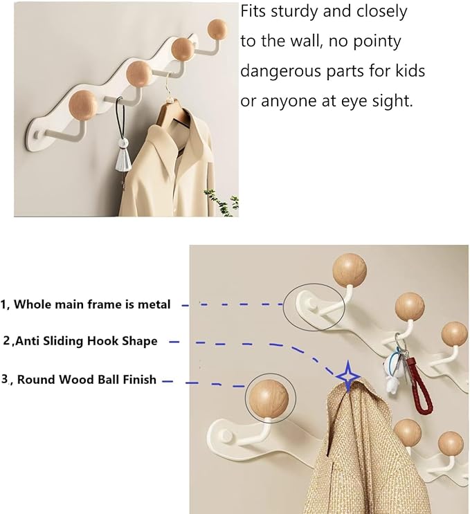 Coat Rack Wall Mounted,White Coat Hooks Adhesive & Screw in,Anti-Tear Wooden Ball Hook Rail, Heavy Duty Metal Coat Hangers for Entryway, Bathroom, Bedroom, Kitchen 2PACK (4-tri Hooks)