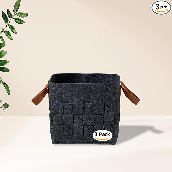 Bold monkey Storage Basket 3 Pack, Medium 10" x10" x10 " Baskets for Shelves with Leather Handle, Cube Felt Fabric Storage Box for Bedroom, Nursery, Living Room - Dark grey