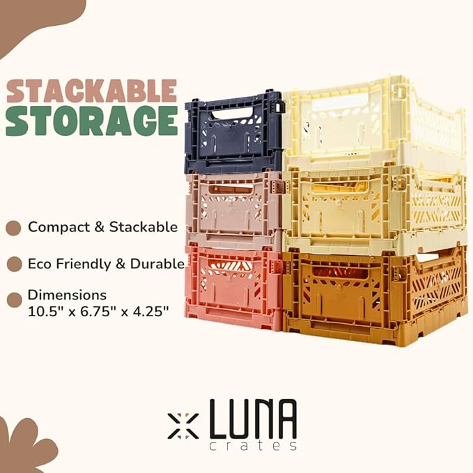 Collapsible Storage Box, Foldable Crate Organizer Bin with Handle, Stackable Crates for Home Organization (Pastel, 4L - 6-Pack)