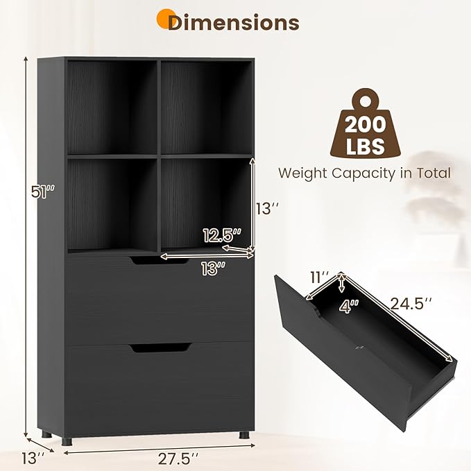 GOFLAME 4-Tier Bookcase with 2 Drawers, 51” Tall Bookshelf with 4-Cube Open Shelf, Wood, Modern, Freestanding Display Storage Organizer Shelf for Living Room, Home Office (1,Black)