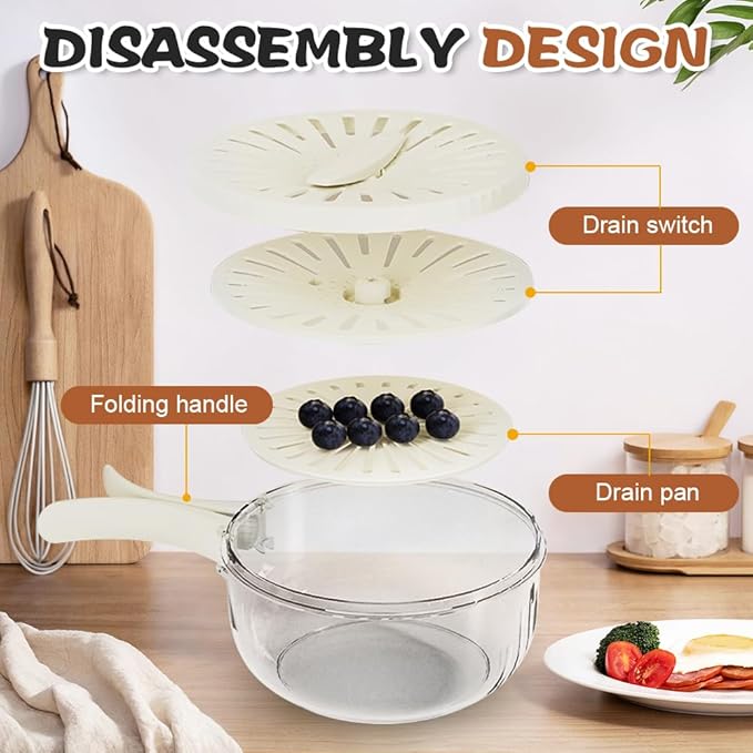 Multi-Functional Fruit and Vegetable Washing Bowl, Fruit Strainer Container with Lid, 2 In 1 Sealed Drainer Basket, Drainer and Freshness Basket, Kitchen Tool with Foldable Handle (White 2pcs)