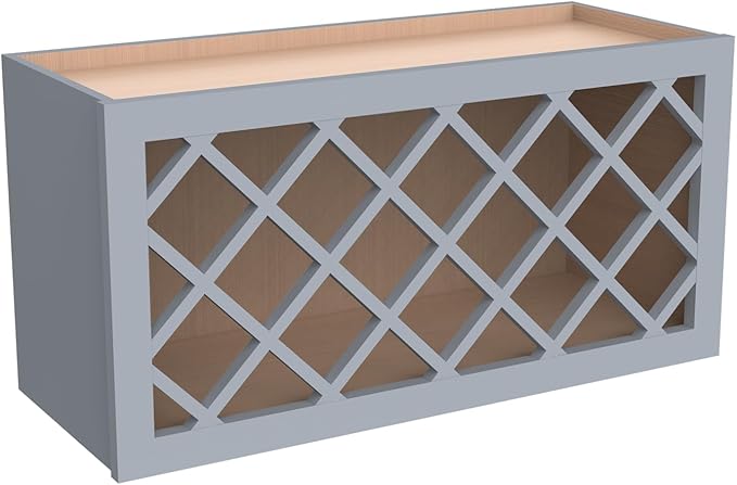 Solid Wood RTA Wine Bottle Rack Wall Cabinet with Lattice Panels Wine Holder Wine Storage Cabinet for Bar, Pantry, Wine Cellar Basement Countertop Mocha (Gray, 36”W × 12”D × 15”H), Sk-grey