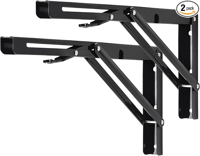 YUMORE Folding Shelf Brackets, 14 Inch Heavy Duty Collapsible Shelf Bracket, Black DIY L Bracket for Workbench Folding Table Hinge, Max Load: 330lb, 2 Pack