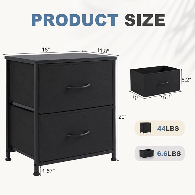 DUMOS Nightstand Set of 2, Small Dresser with 2 Fabric Drawers Side Bedroom End Table Kids Bedside Storage Furniture for 25 inch Tall Night Stand for Closet, Entryway, College Dorm, Classic Black