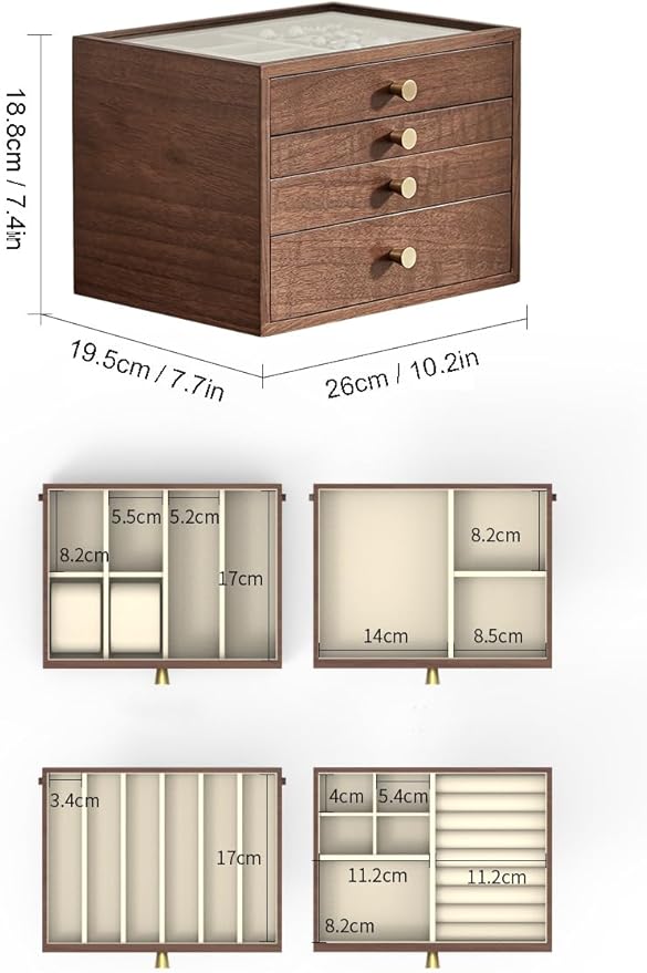 Black Walnut Wooden Jewelry Box for Women large 4 Layer Drawer Organizer Box with Glass Lid for Necklaces, Watch, Necklace, Ring, Earring Storage - Christmas Gifts