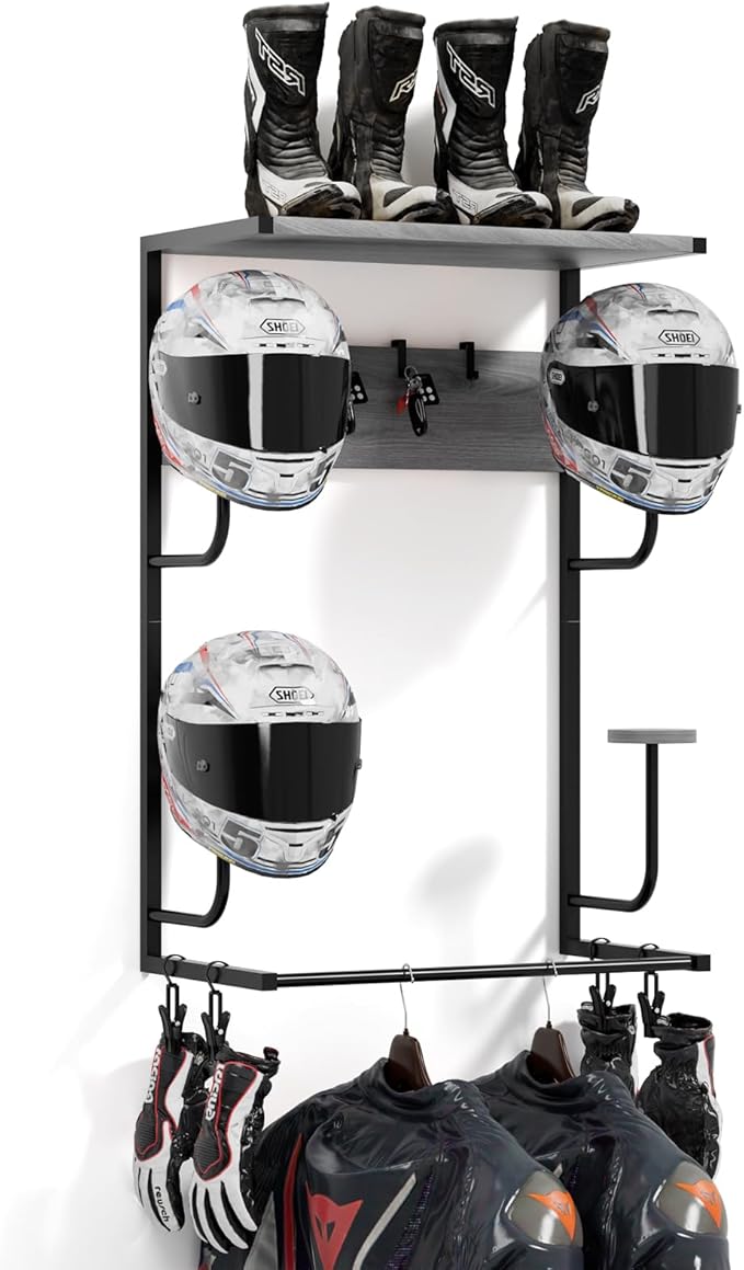 Motorcycle Helmet Holder Wall Mounted, Helmet Holder Wall Mount with Helmet Rack, 4 Glove Chips and 4 hooks, Rustic Helmet Holder and Motorcycle Helmet Rack for Most of Helmet and Clothes (Grey)